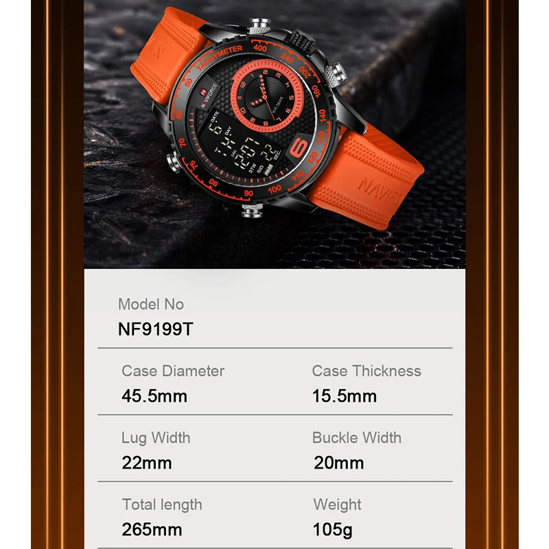 NAVIFORCE Fashion Watch For Men Silicone Strap Sport Quartz Digital Dual Time Wristwatch Luminous Waterproof Chronograph Clock