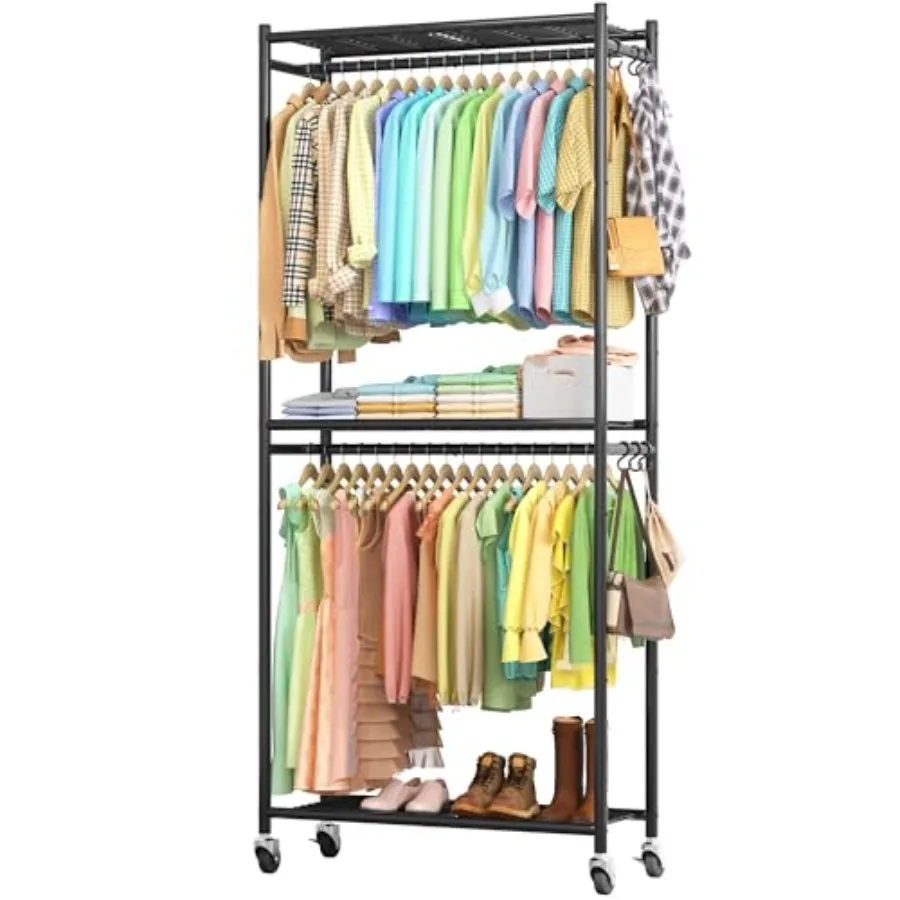 

Clothes Rack - 33.0" x 12.2" x 79.5" Clothing Rack with Shelves and Wheels, Multi-Functional Wardrobe Closet with Hooks, Sturdy