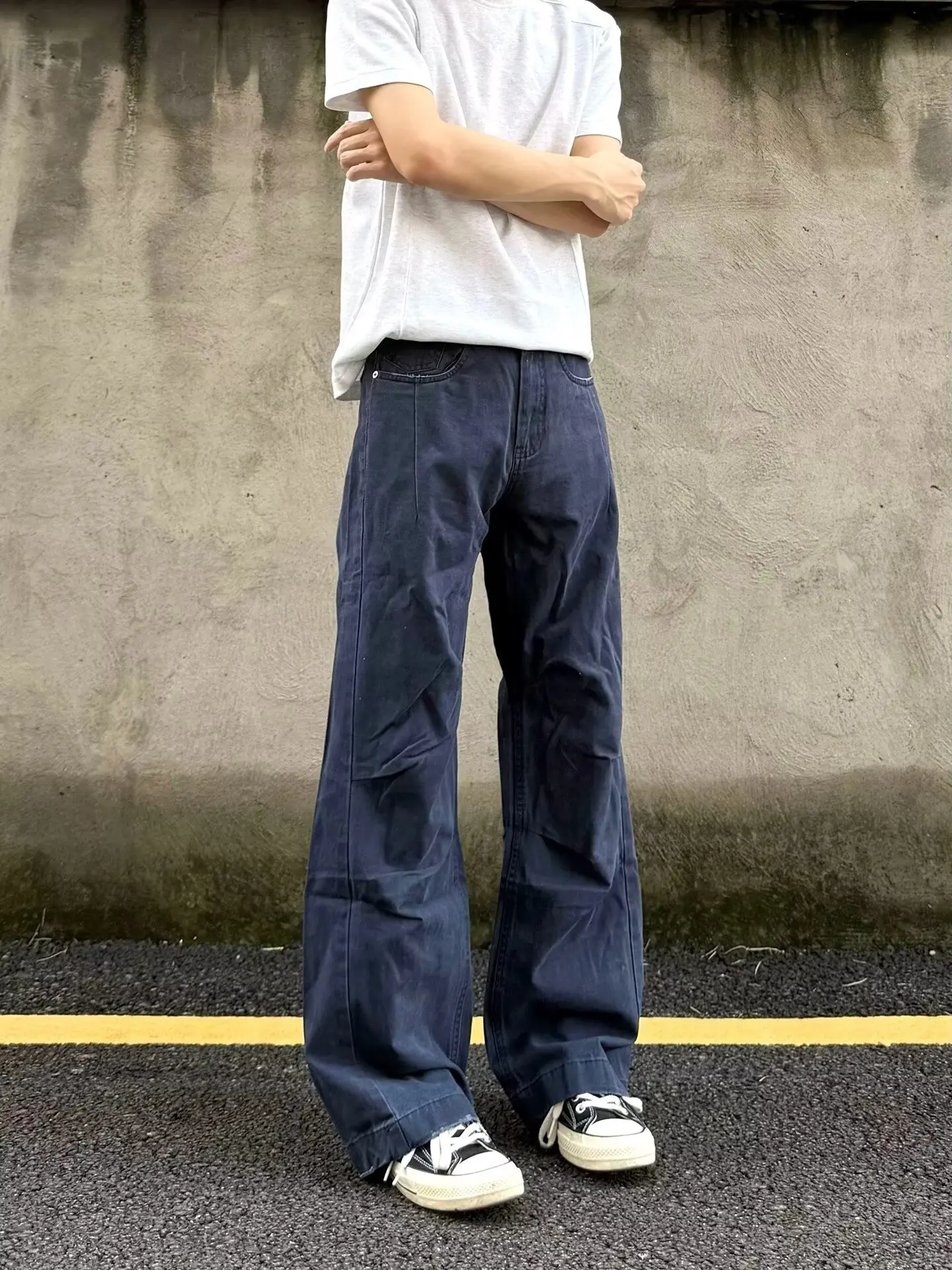 Retro American Trendy Folded Dark Blue Work Pants Men Slim Straight Leg Micro Flared Casual Trousers Youth Popular Style