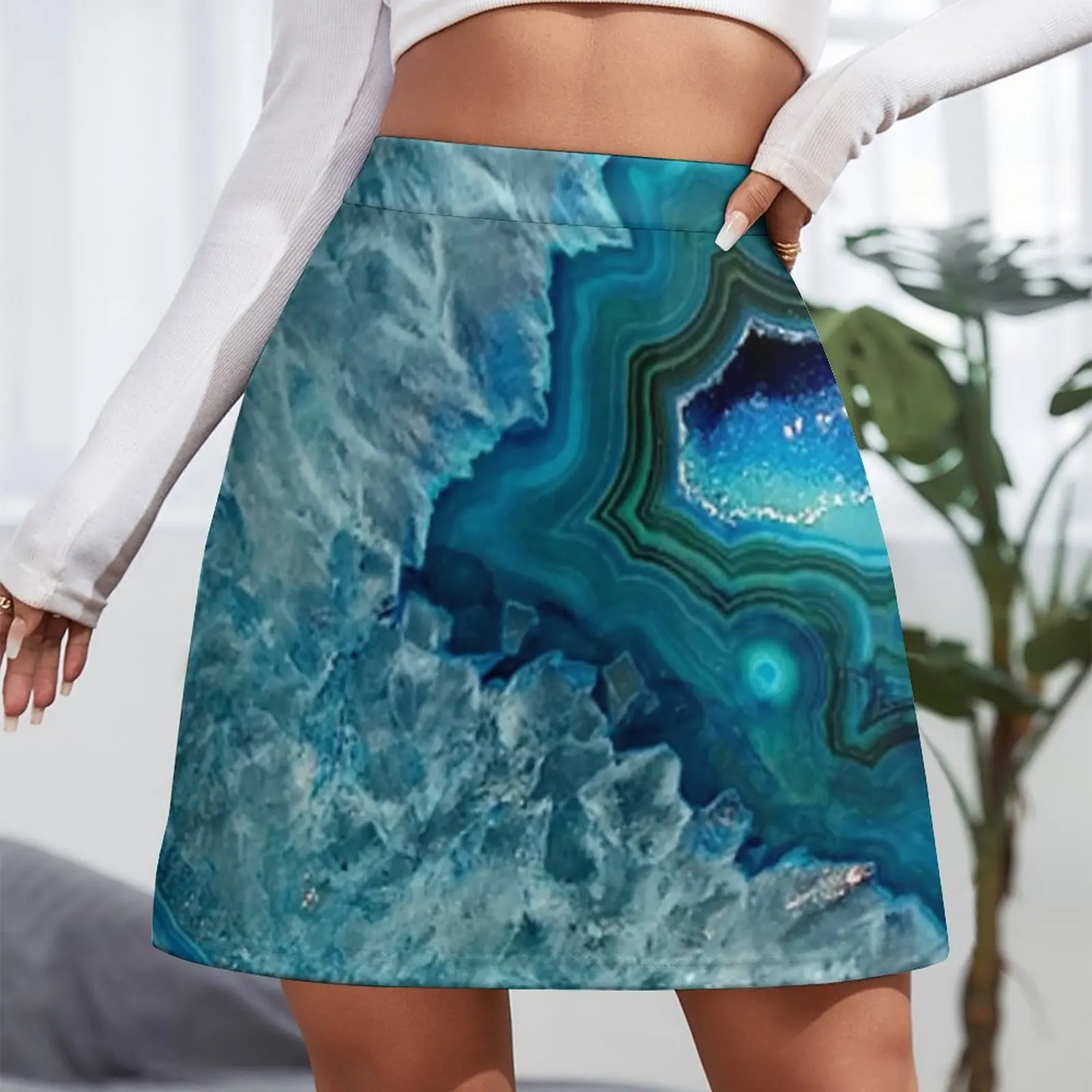 Teal Aqua Turquoise Blue Rock Agate Mineral Crystals Pattern Mini Skirt women's skirt 2023 trend skirts skirt for woman