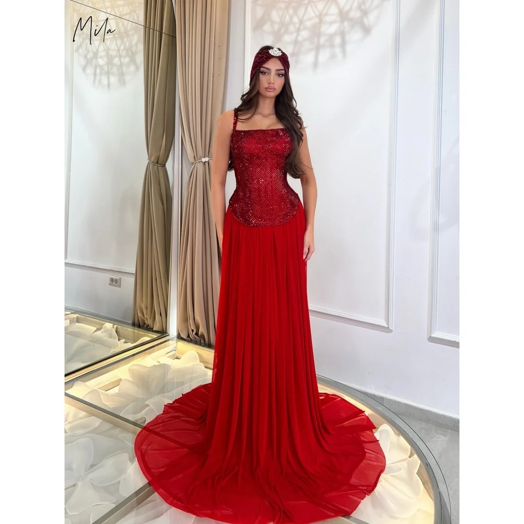 

Mila Red на тонких бретельках с квадратным вырезом, платья de gala, лиф с блестками, шифоновая юбка, индивидуальный вечер, со шлейфом длиной до пола