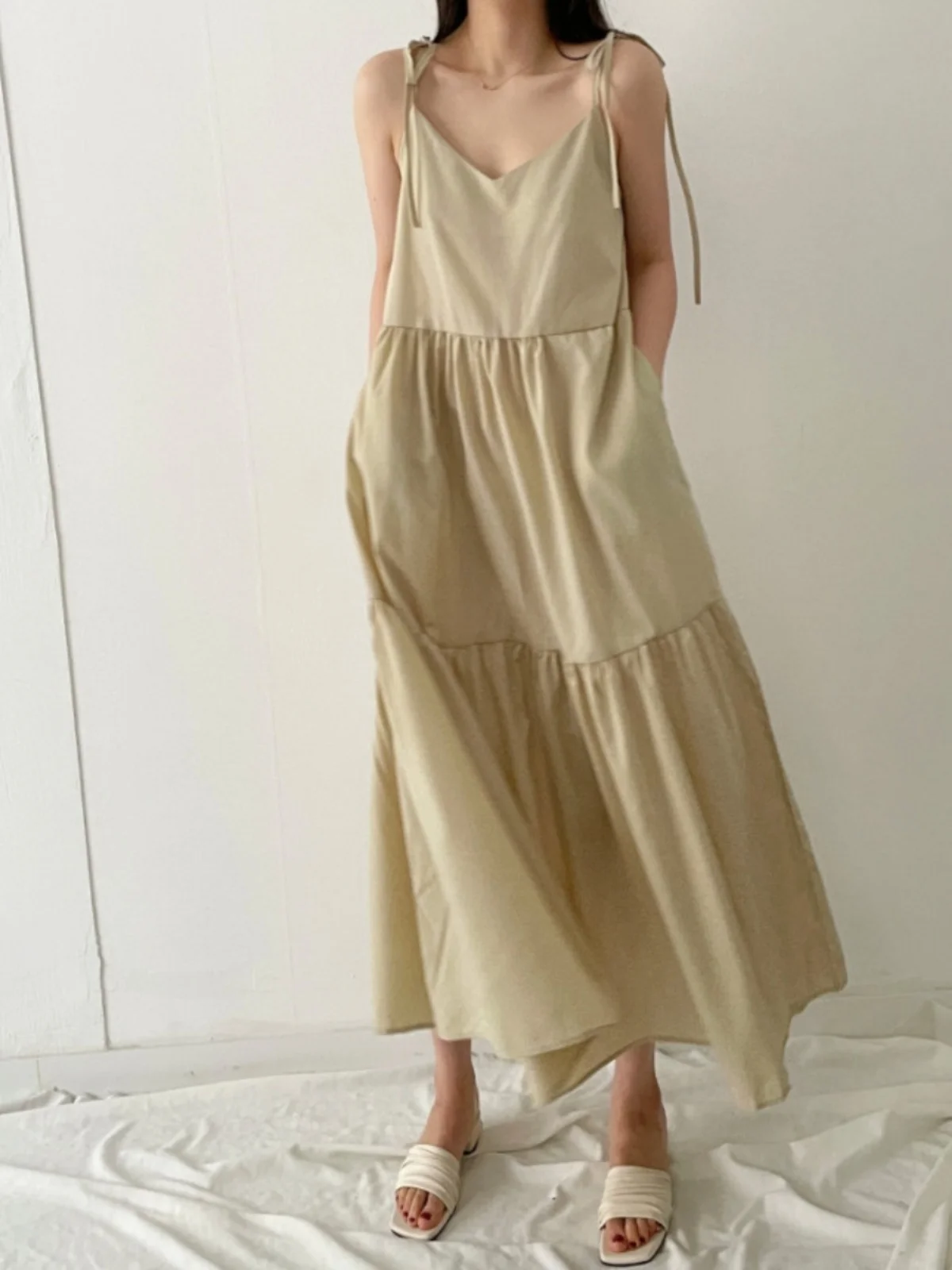 Robe longue à bretelles pour femmes, rétro, Chic, avec nœud papillon, polyvalente, taille ample, coréenne, ligne a, été