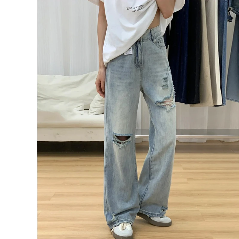 High Waist Wide Leg Jeans Women's Light Blue Spring New Loose Slimming Draping Floor-Length Pants for Pear Shaped Body
