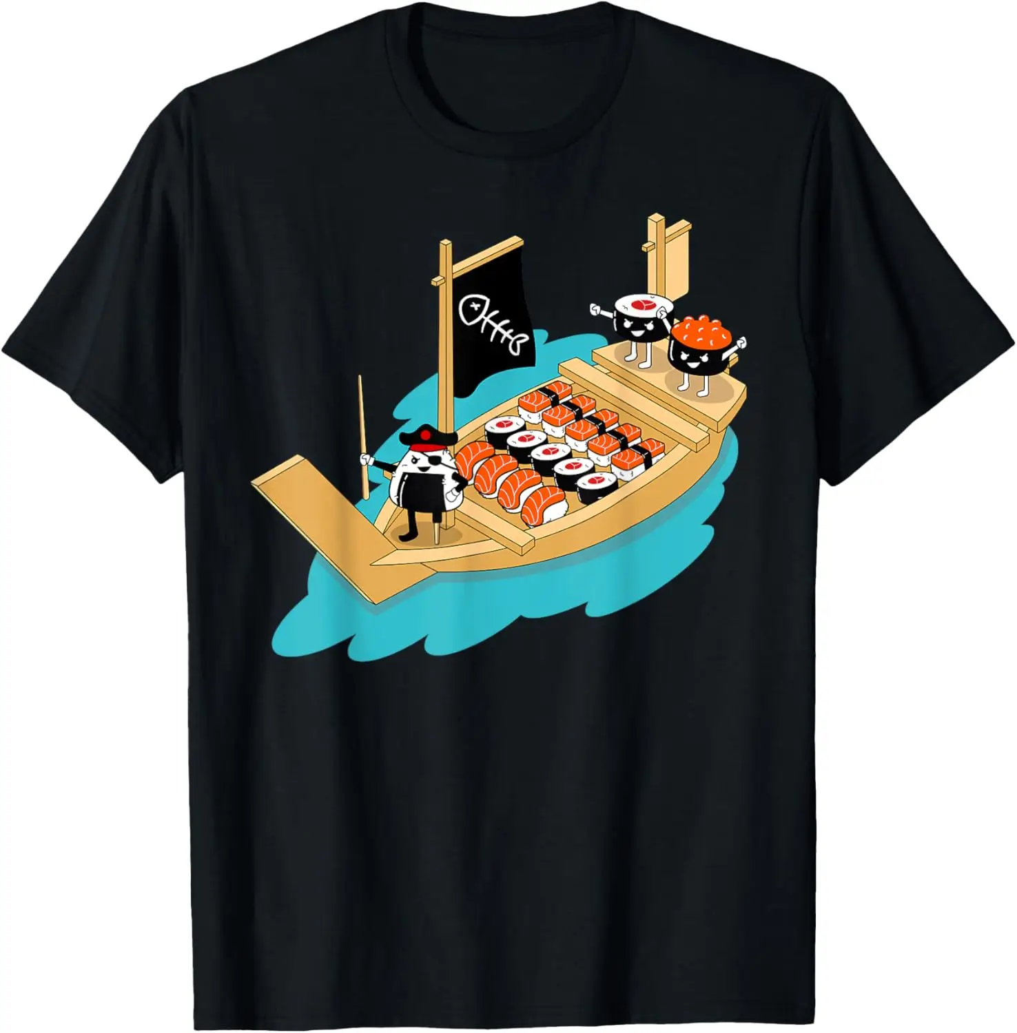 

Funny Sushi Boat Pirate Graphic Tee Short Sleeve Cotton Crewneck T-Shirt for Men