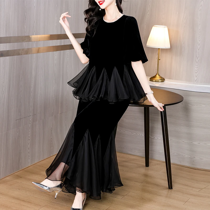 Autumn Black Velvet Long Sleeve Top Coat+Hlaf Length Skirt Two Piece Sets 2024 Female Chic Patchwork Beading Ruffled Dress Suits