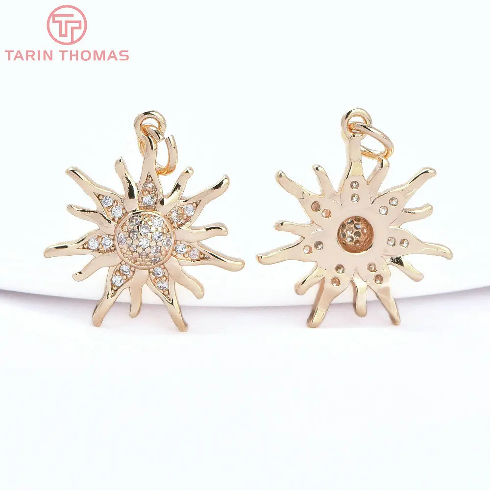 (8240) 2PCS 21x22.5MM 24K Gold Color Brass with Zircon Sun Flowers Pendants High Quality DIY Jewelry Making Findings Accessories