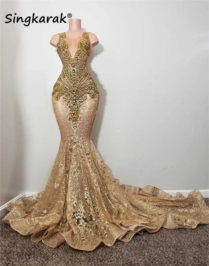 Sparkly Gold Diamonds Long Prom Dresses 2024 Sparkly Beads Crystal Sequins Birthday Party Gown Wedding Reception Robe Customized