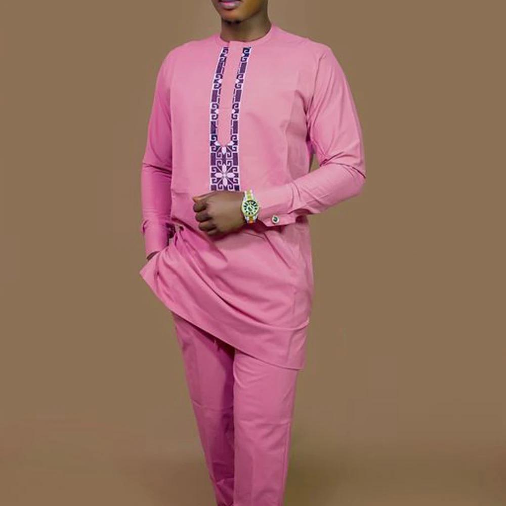 Pink Embroidered Flower Top With Pocket Pants Kaftan Men's Set African Ethnic Casual Traditional Clothing Wedding Kaunda Suit