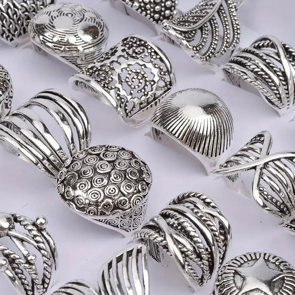 10/20 قطعة/الوحدة الموضة الكلاسيكية خمر سحر متعدد الألوان هندسية منحوتة زهرة خواتم للنساء الرجال مزيج نمط مجوهرات هدايا الحفلات #4