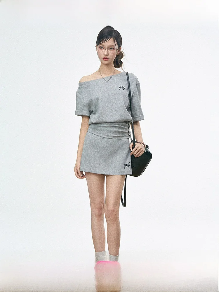 

Комплект Westayone: корейский повседневный топ с завязками на талии и широкие брюки-юбка, комплект из двух предметов, длинные брюки, короткий рукав, круглый вырез