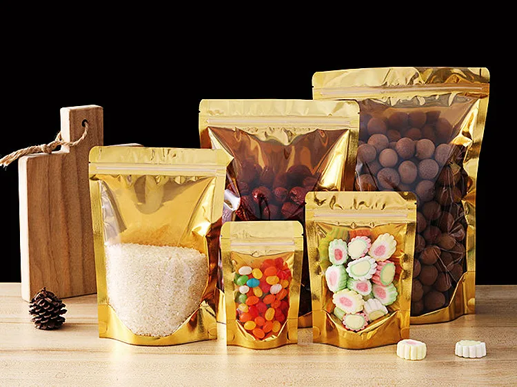 100PCS Stand Up Clear Front Golden Foil Ziplock Packaging Bag Resealable Snack Sugar Spice Cereals Tea Nuts Storage Pouches