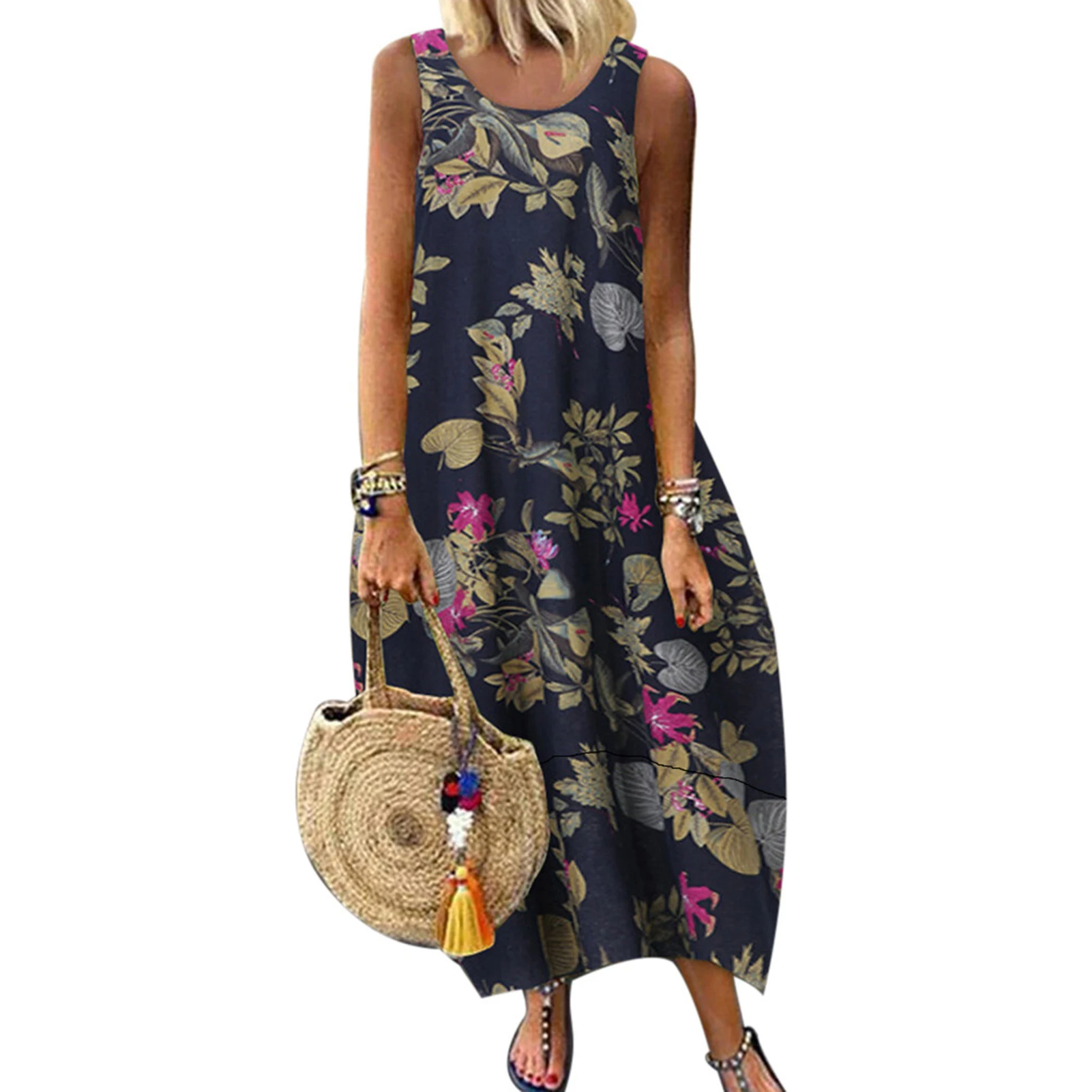 Vestido de verano sin mangas con estampado Floral para mujer, ropa informal de lino y algodón con cuello redondo