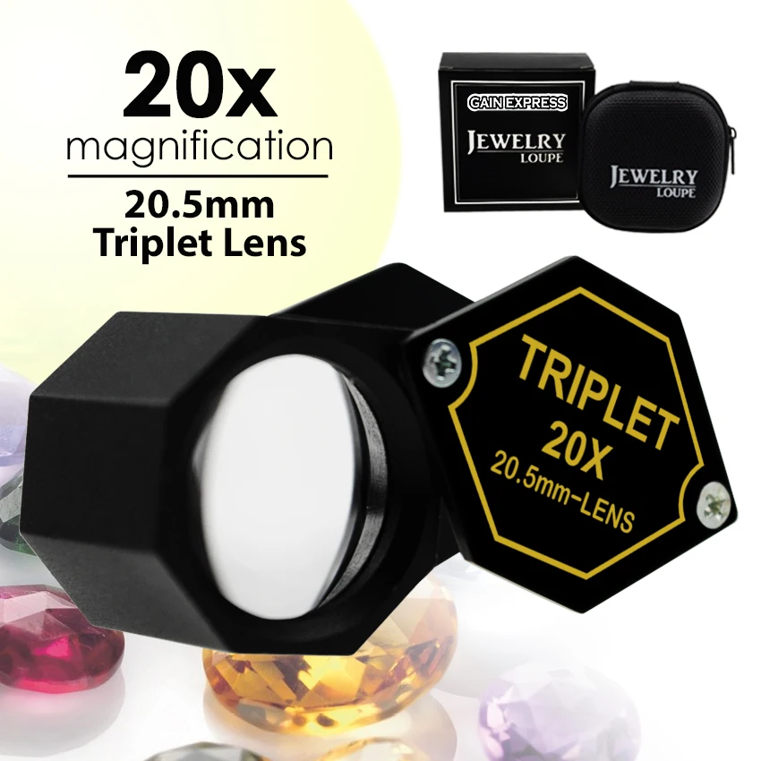 20X Triplet Jewelry Loupe Professional Magnifier 20.5mm Achromatic Optical Glass Lens, Hexagonal Metal Folding Magnifying Glass