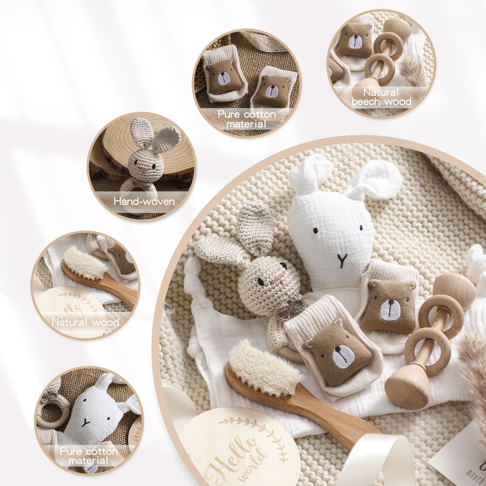 Baby Double Sided Cotton Blanket 7PCS Newborn Bath Set Gift Box Wooden Crochet Rattle Brushs Bracelet Towel For Baby Shower Gift