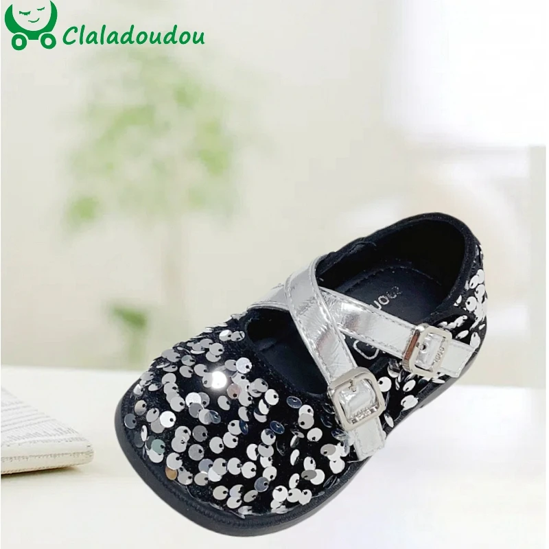 

Claladoudou Bling Baby Flats Shoes With Sequined,Silver Black Little Kids Girls Birthday Wedding Party Dress Shoe,Infant Walkers