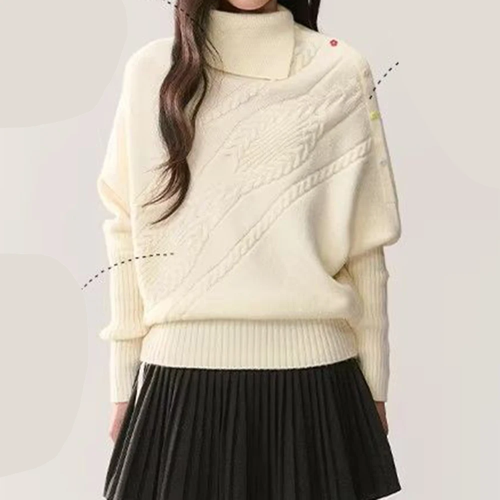 

Off-white twisted loose top with closed hem asymmetrical lapel color buckle cape sweater cashmere sweaters
