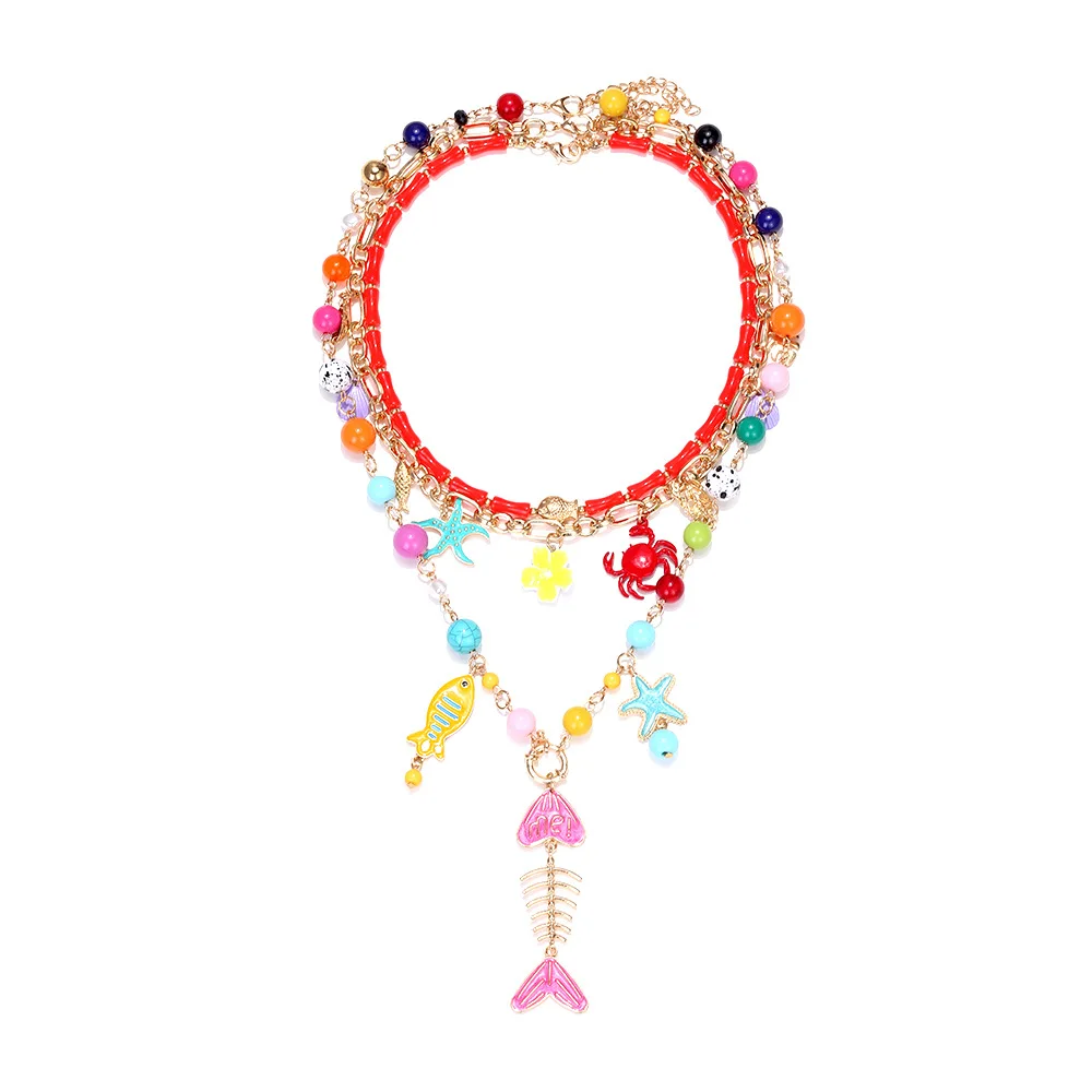 Light luxury handmade beads stacked wearing multi-colored tropical fish starfish crab pendant necklace retro marine element neck