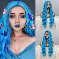 Blue Long Wave Wig Synthetic High Heat Resistant Material Daily Wear Wig Cosplay Wig