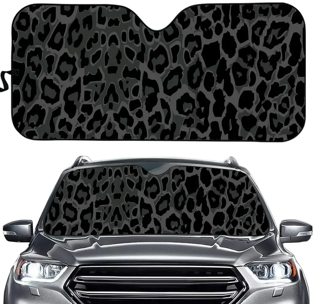 PZZ BEACH Black and Grey Leopard Print Car Windshield Sun Shade, UV Rays Reflector Auto Front Window Sunshade, Accordion Folding