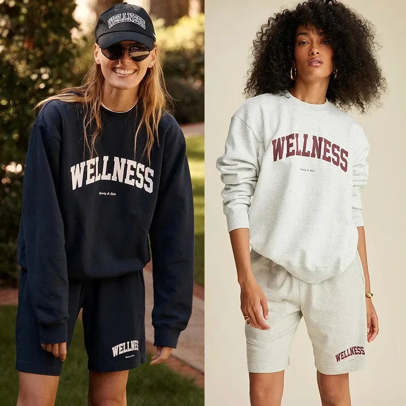 

2024 Winter Hoodie Sweatshirt for Women Sporty&Rich WELLNESS Print Grey White Letters and Numbers Pullover