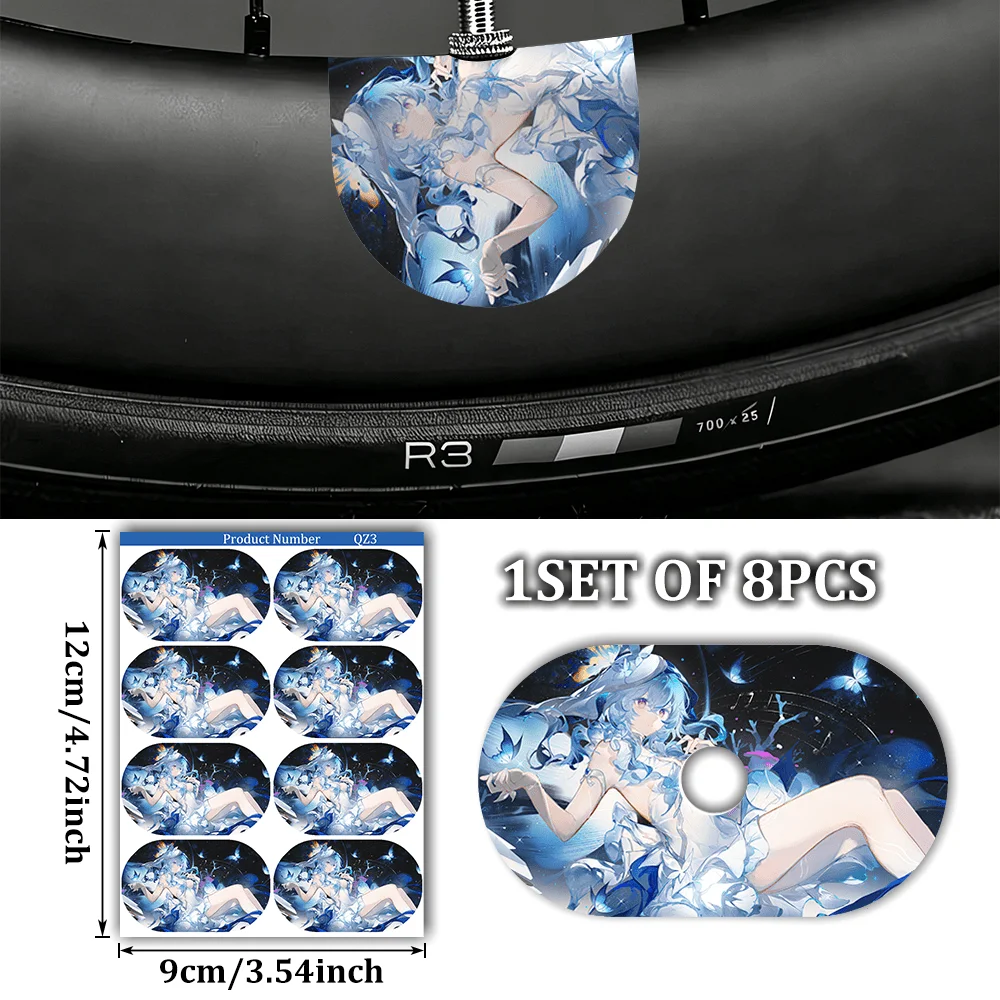 8Pcs Blue Anime Girl Spoke Stickers Waterproof For Bike Wheel Rim