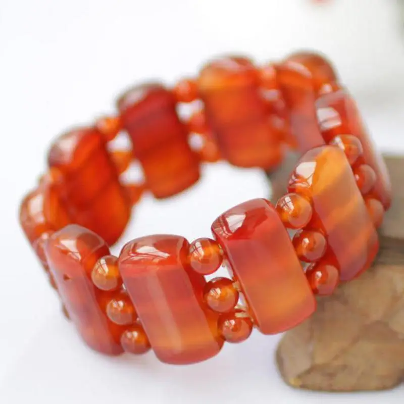 Women Red Jade Wide Bracelet Healing Gemstone Fine Jewelry Genuine Natural Myanmar Jadeite Flakes Beads Elastic Beaded Bracelets