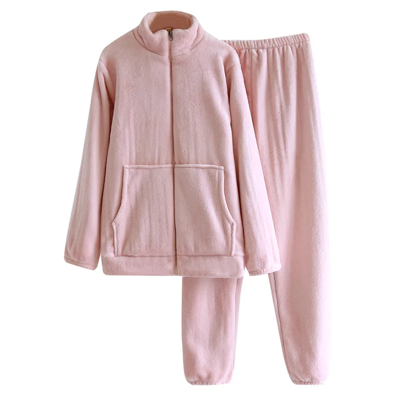 2PCS Women's Solid Flannel Pajama Stand Color Long-Sleeved Warm Fleece Thick Home Sleepwear 2023 Autumn Winter Zipper Pyjama