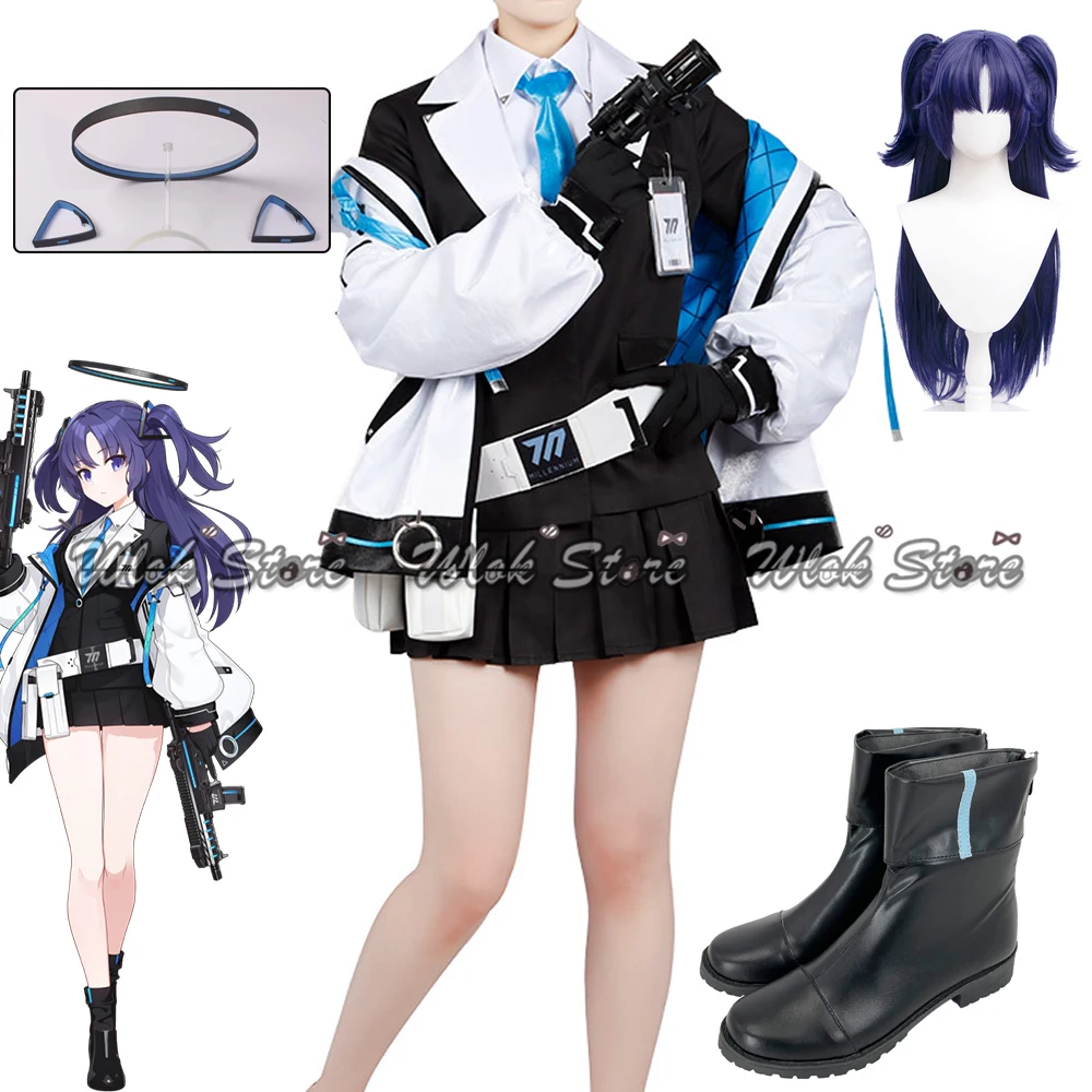 

Blue Archive Hayase Yuka Cosplay Costume Wig Halo Headwear Trench Coat Skirt Uniforms Halloween Carnival Outfits Shoes Boots