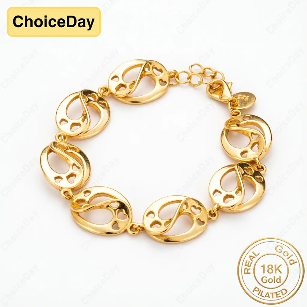 18K Gold Plated Exquisite Hollow Out Heart-Shaped Oval Chain Bracelet for Women, Fashionable Wedding Jewelry and Party Gift
