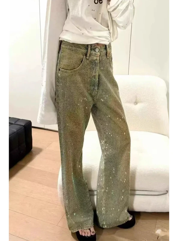 

2026 New Design Diamond Embellied Wide Leg Jeans Women's Loose Slim Straight Long Pants High Waist Zipper Closure Blue Denim