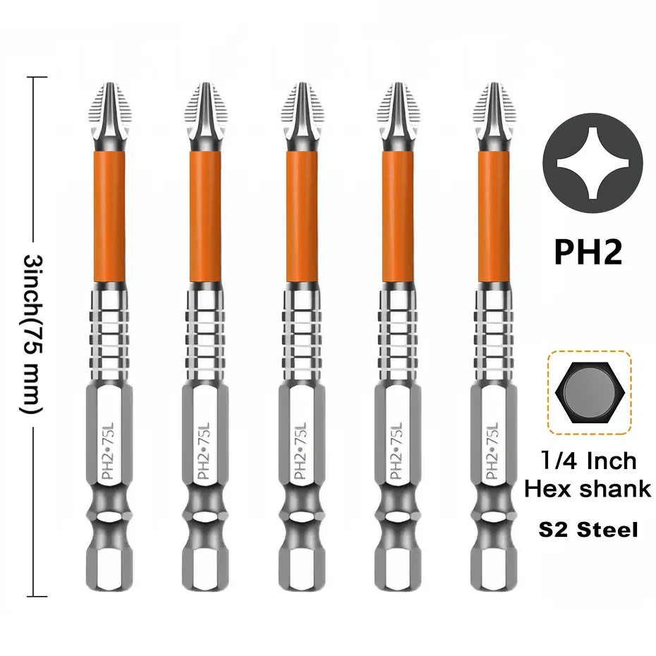 5Pcs Phillips Screwdriver Bit Set， 50mm 75mm 90mm PH2 Magnetic 1/4