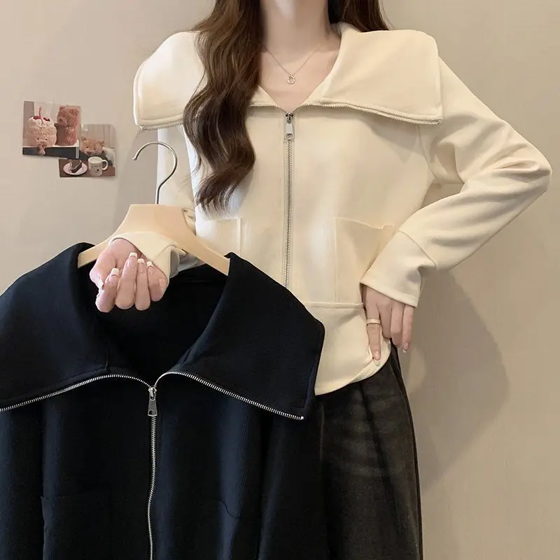 Cover the Flesh and Show Off the Weight Big Collar Sweatshirt Jacket for Women New Plus Size Fat Mm Loose Zipper Cardigan Short