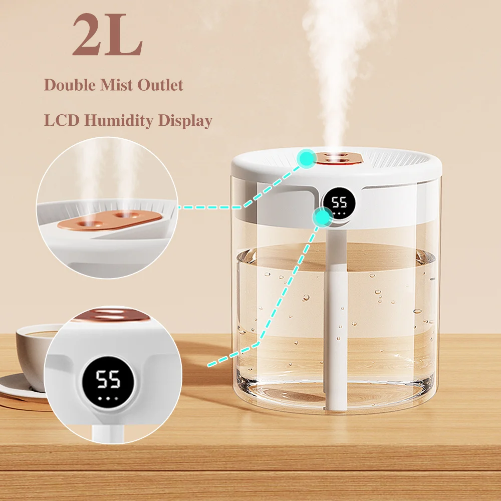 Air Humidifiers With Night Light 2L Double Nozzle Large Capacity LCD Display Ultrasonic Sprayer Humidifier Filter For Home