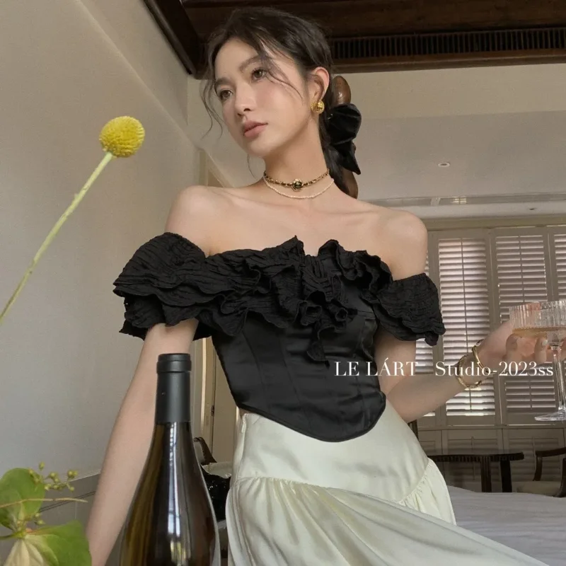 Women's Off Shoulder Ruffle Satin Corset Top Slim Fit Strapless Ruched Blouse Elegant Party Top