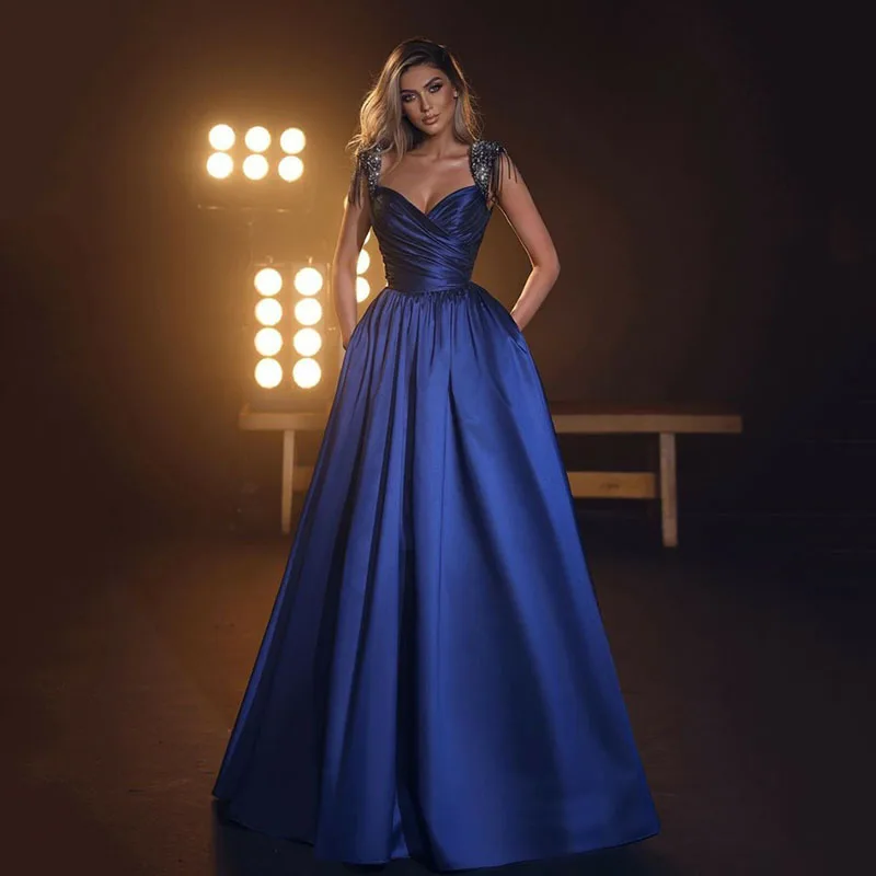 

Smileven Blue A Line Evening Dress Sexy Sleeveless Prom Dresses robe de soirée Sweetheart Neck Pleats Party Gowns 2024