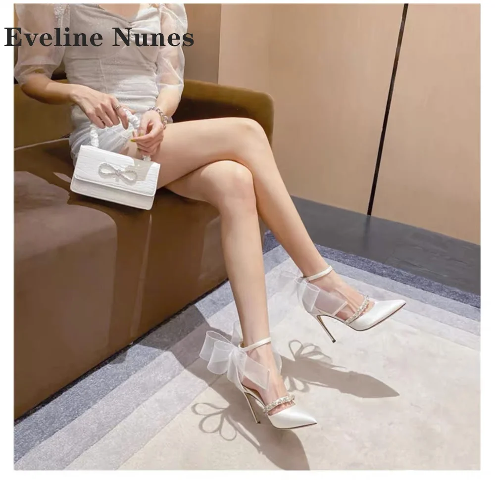 Gems Satin Straight Strap Sandals Pointed Toe Stiletto Cover Heel Side Air Ladies High Heels Buckle Strap Solid Elegant Pumps