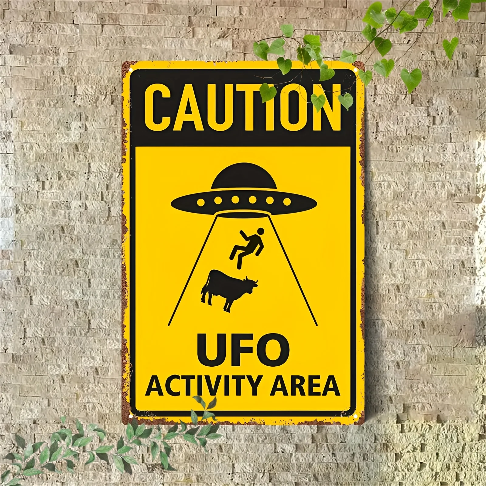 2D Flat - 1pc UFO and Cow Abduction Metal Sign - Vintage Alien Warning Decor, 20.32x30.48 cm, Yellow & Black, Perfect for Bars,