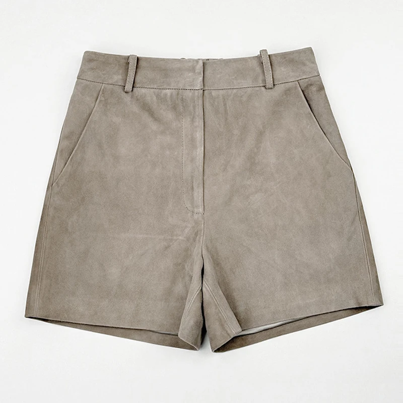 Genuine Leather Shorts British Style Women First Layer Goatskin Suede Elastic Waist Casual Female Loose Sheepskin Short Pants