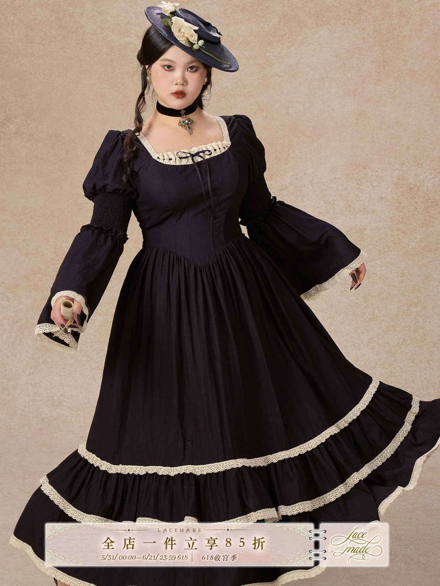 

Deep Blue Fishbone Long Dress Women's plus Size Halloween Gown Court Style Lace Made A-Line Skirt Zipper Back Design Bell Sleeve