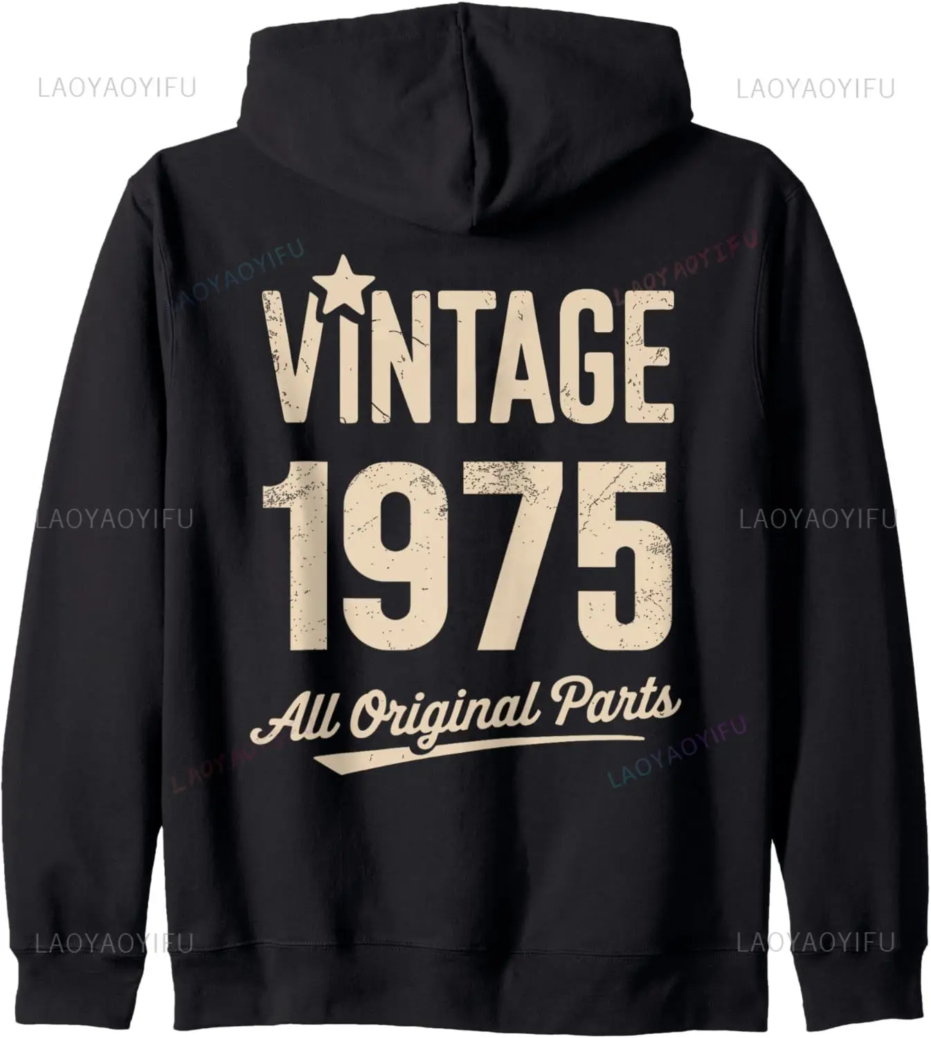 Vintage 1975 - All Original Parts Retro Back Pattern Long-sleeved Hooded Hoodie Customizable Sweatshirt
