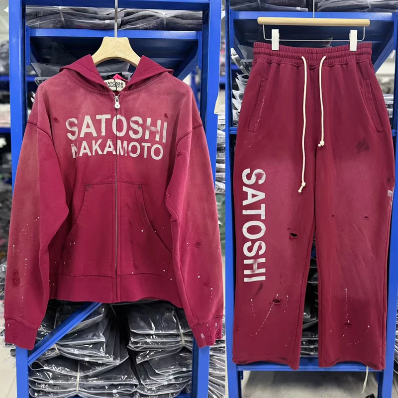 New Autumn Style Splashed Ink Ripped Pants Satoshi Nakamoto Sweatshirt High-quality Casual Red Zipper Sweatshirt Sweatpants