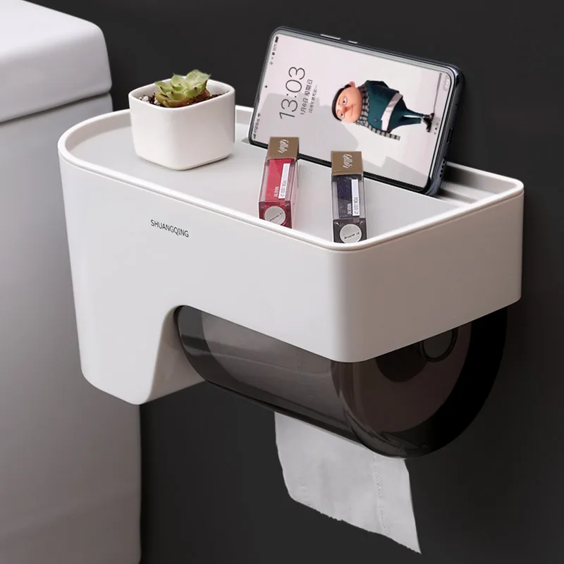 

White tissue holder storage rack toilet paper roll box non punching creative waterproof tissue holder bathroom accessories