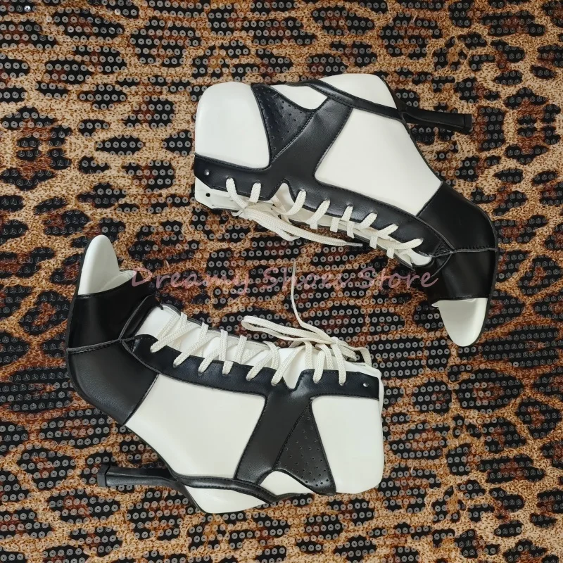 Black White Mixed Colors Stiletto Ankle Boots Women Lace Up Open Toe Round Toe Short Boots Fashion Trendy Party Runway Shoes New