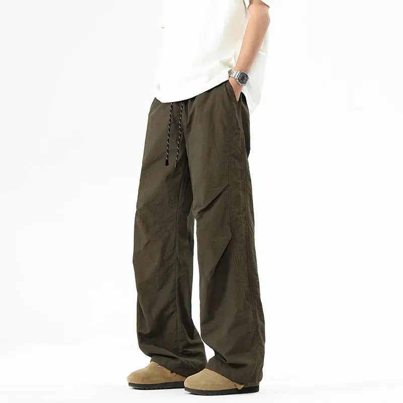 

2025 Spring Summer New Fashion Men's Solid Color Casual Trendy Loose Wide Leg Pleated Drawstring Trousers Male Pants Clothes