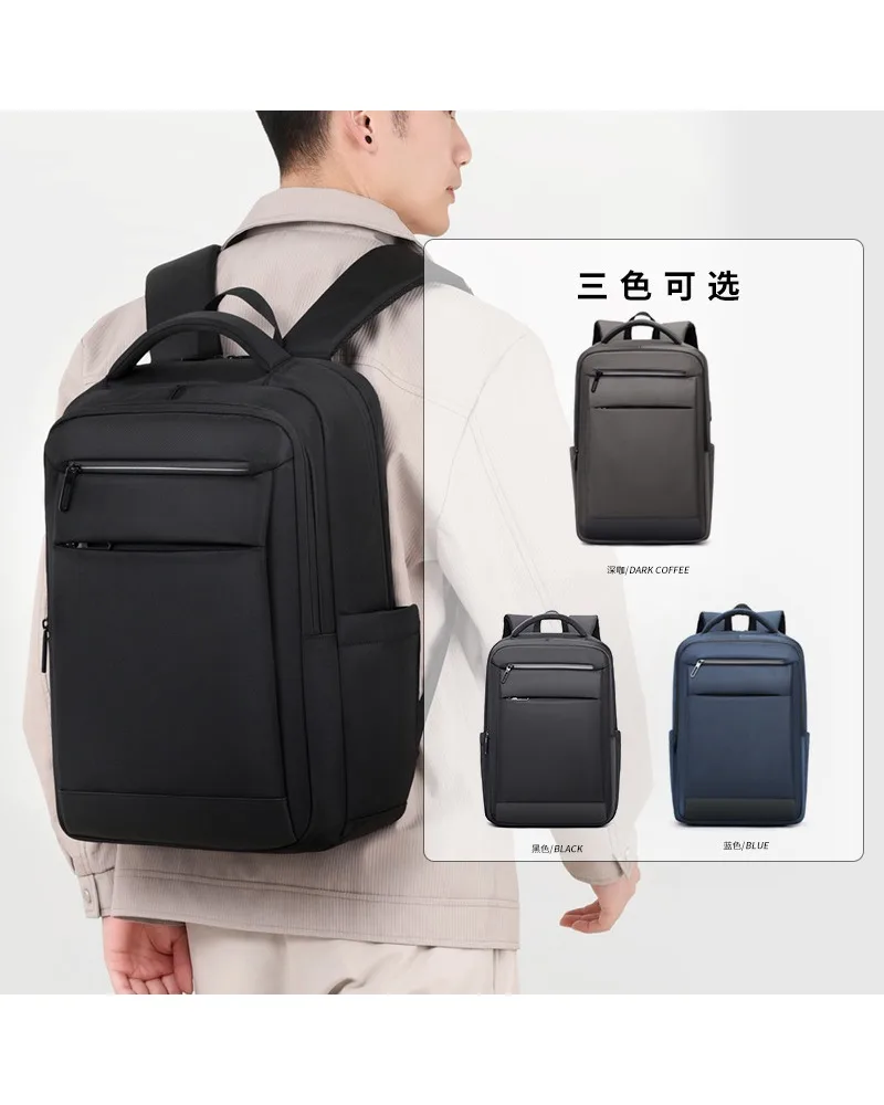 Navy blue slim business laptop backpack with front zippered pocket water resistant fabric suitable for office commute school use