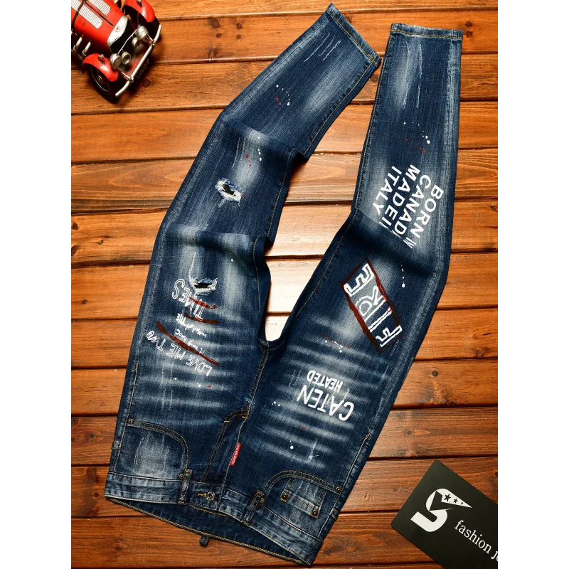

High end printed ripped patch jeans for men's street fashion trend, elastic and handsome slim fit small leg pants
