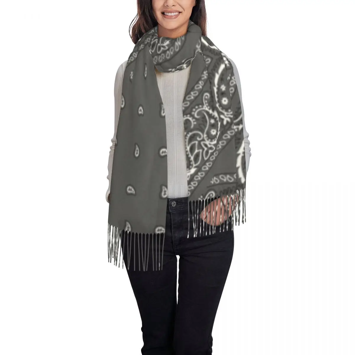 Female Long Grey Classic Bandana Style Scarves Women Winter Soft Warm Tassel Shawl Wrap Scarf