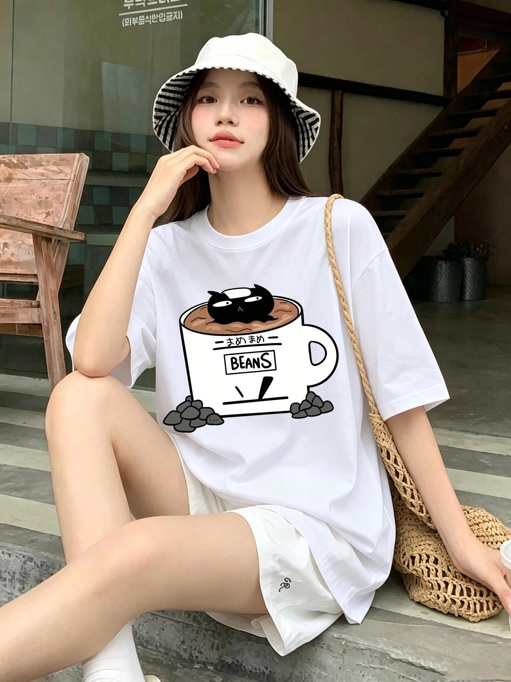 Cat In Coffee Beans Cup Printed Woman Soft T-Shirt Loose O-Neck Streetwear Summer Cotton Tops All-Match Casual Short Sleeve