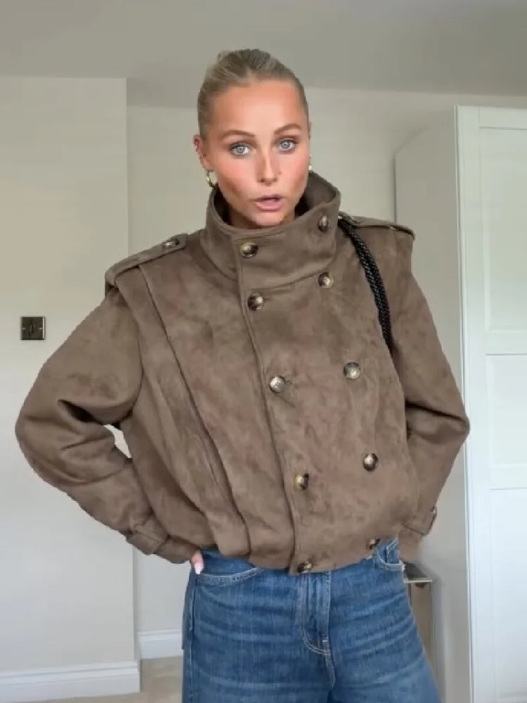 Classic Faux Suede Stand Collar Jacket Women Double‑breasted Epaulet Buttons Short Chic Coat New Fall Daily Streetwear Outerwear
