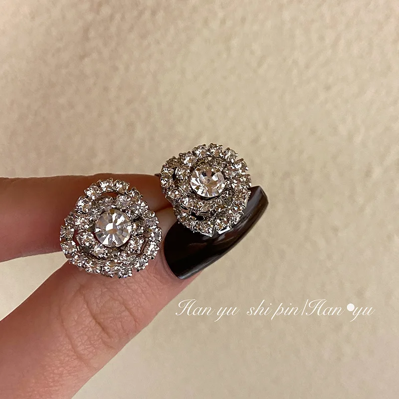 Fashion super flash full diamond flower stud earrings light luxury high-end design earrings women